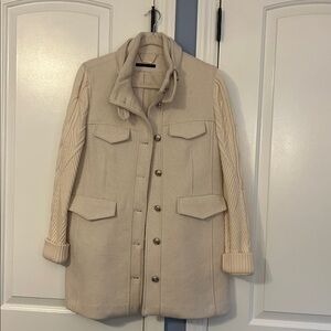 Cream Wool-Blend Coat with Cable Knit Sleeves 3/4 length